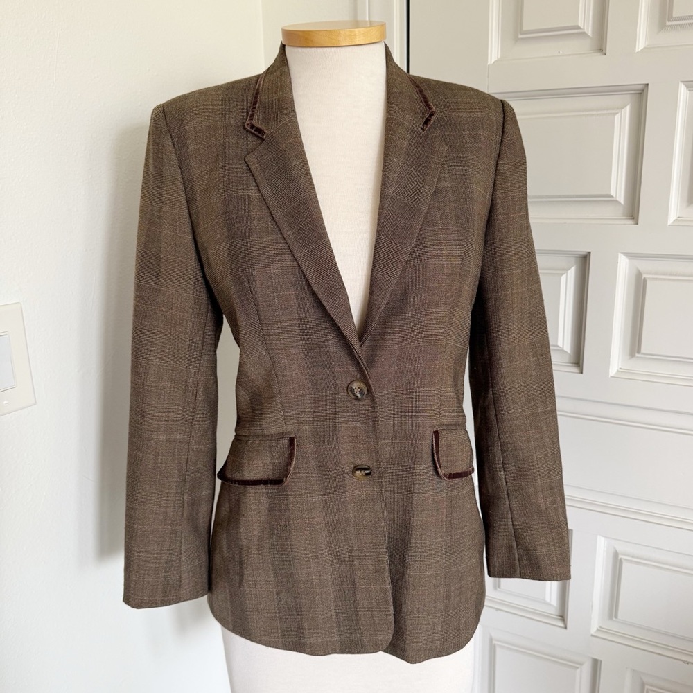 Vertigo Paris Classic Brown Blazer Wool Plaid Velvet Luxury France Size Medium